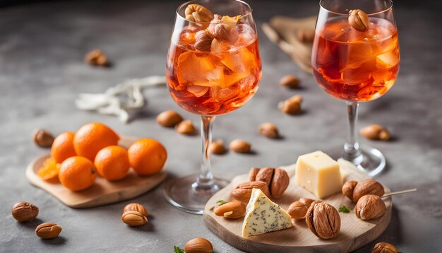 Photo a glass of wine and cheese and nuts on a table