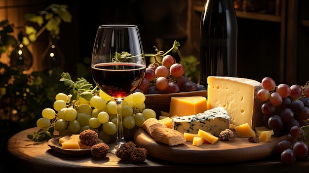 a glass of wine and cheese with a bottle of wine and cheese.