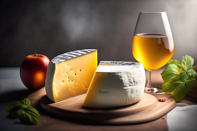 A glass of wine and cheese on a wooden board