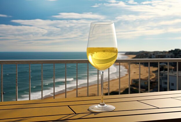 a glass of wine on the deck in view of the ocean in the style of carnivalesque