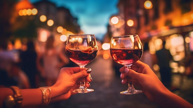 glass of wine friends party summer evening friends drink wine in street cafe blurred candles light