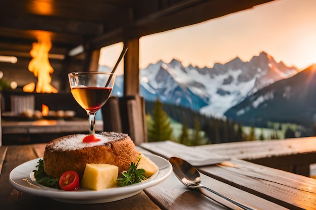 A glass of wine and a glass of wine on a table with mountains in the background