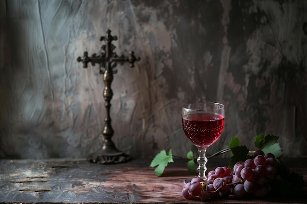 Photo a glass of wine next to grapes and a crucifix generative ai
