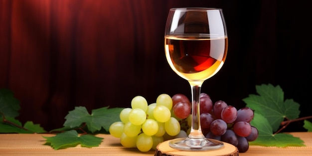 A glass of wine and grapes on a wooden table