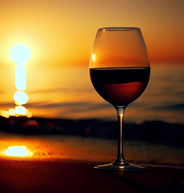 A glass of wine is on a beach with the sun setting in the background