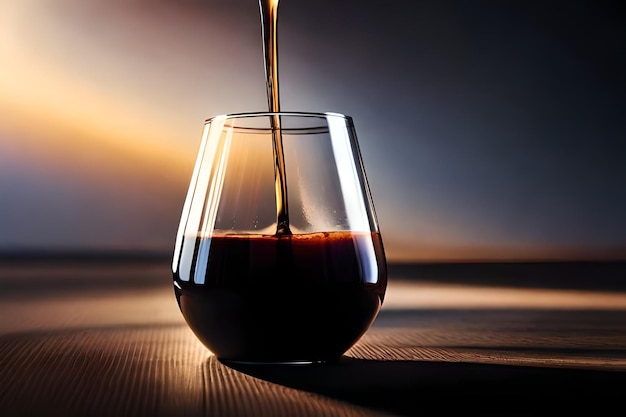 a glass of wine is filled with a spoon of oil.