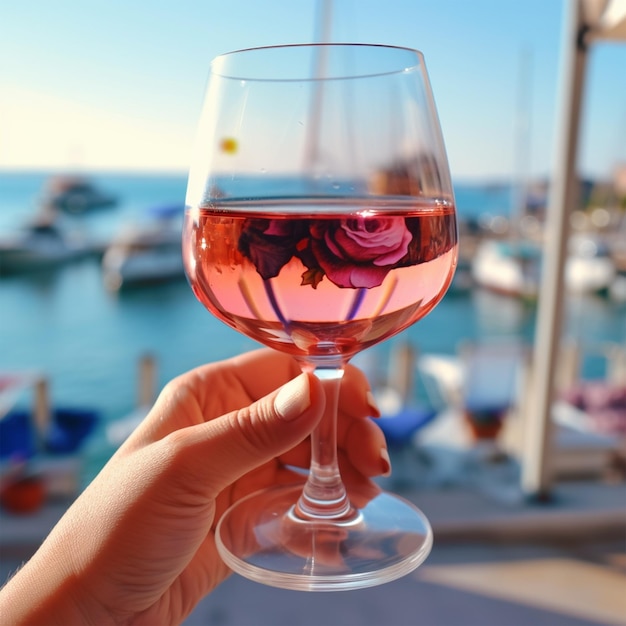 A glass of wine is held up by a hand with a rose design on it.