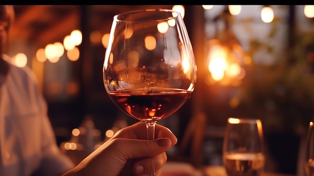 A glass of wine is held up in front of a fire.