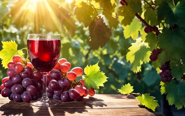 Стакан вина сидит рядом с гроздом винограда на столе.