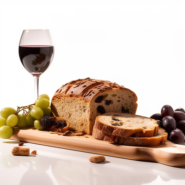 Photo a glass of wine and a loaf of bread with grapes on it.