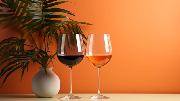 Photo a glass of wine and on an orange background on table