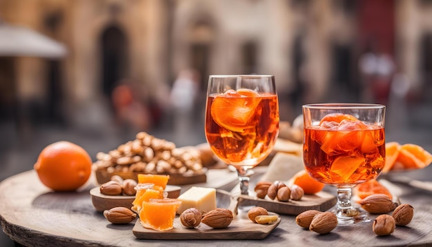 a glass of wine and a plate of nuts and a glass of wine