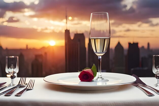 A glass of wine and a plate with a rose on it