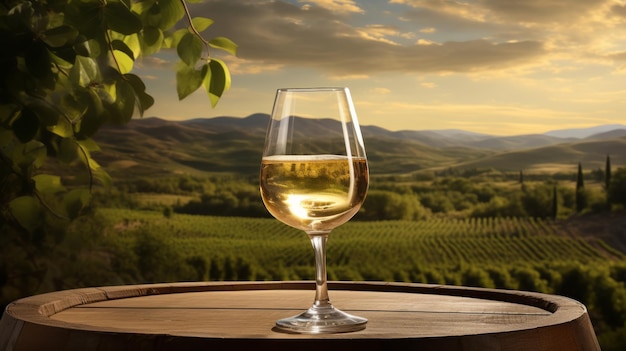 ワイン生産の美しさを示すの上に置かれたワイングラス