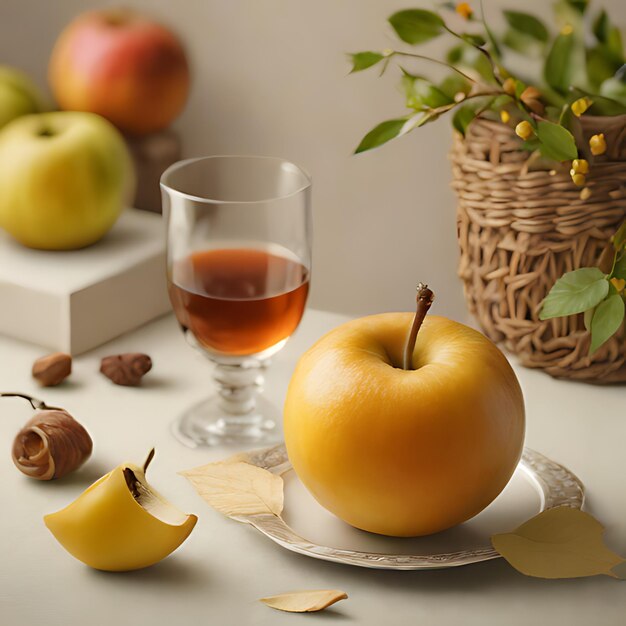 a glass of wine sits next to a pear and a pear