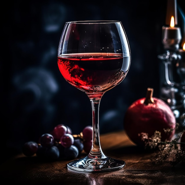 A glass of wine sits on a table next to a candle.