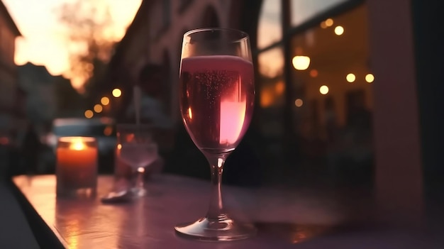 A glass of wine sits on a table in front of a window with lights in the background.