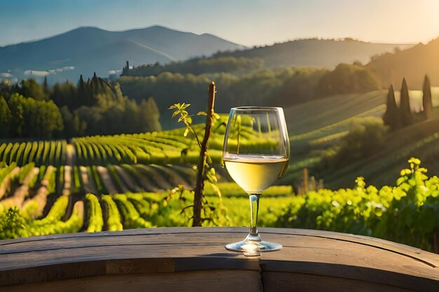 Photo a glass of wine sits on a wooden barrel with a sunset in the background.