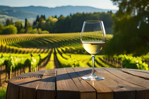 A glass of wine sits on a wooden barrel