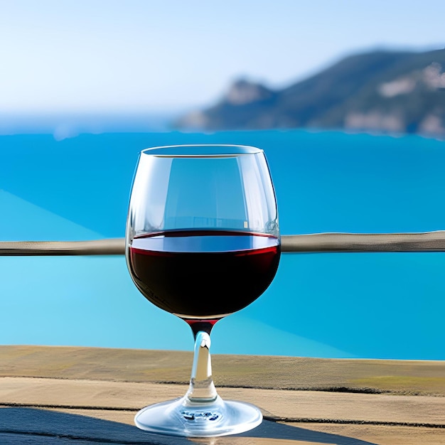 A glass of wine sits on a wooden table next to a blue pool.