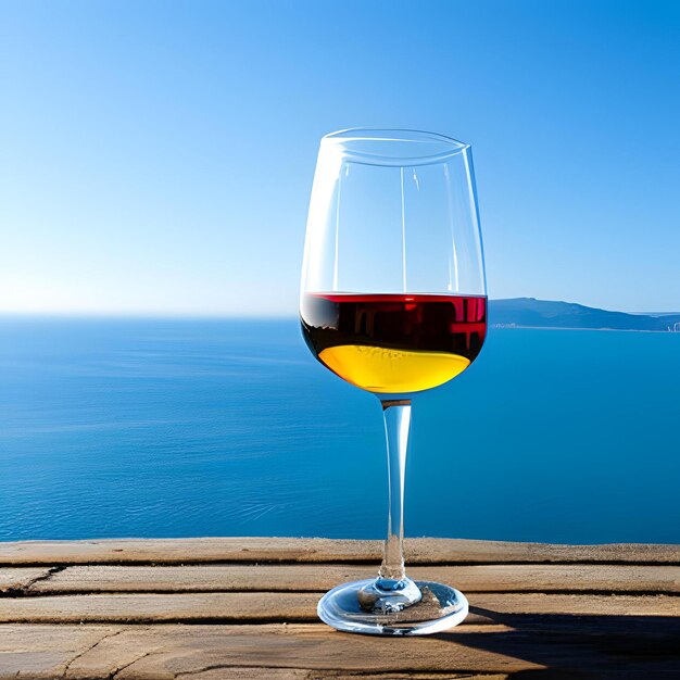 A glass of wine sits on a wooden table with the ocean in the background