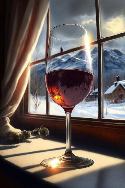 Glass of wine sitting in front of a window generative ai