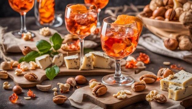 Photo a glass of wine and some nuts on a table with a bottle of wine and cheese