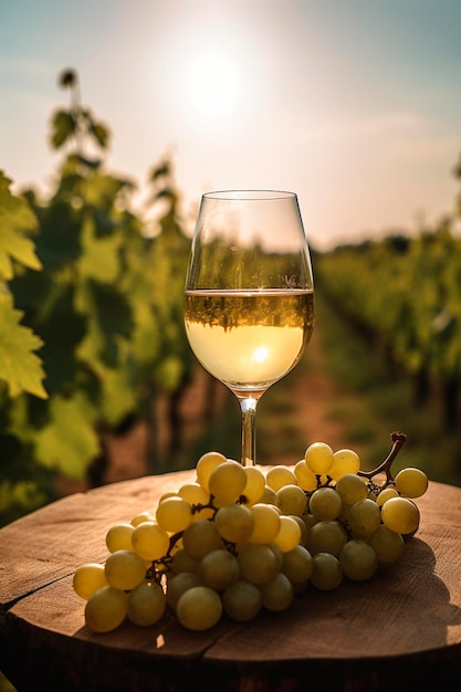 A glass of wine stands on a table with a bunch of grapes overlooking a sunny summer field with vineyards Generative AI
