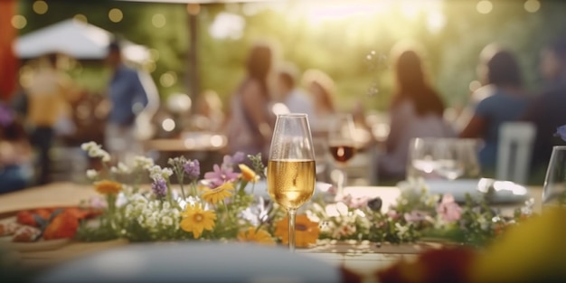 A glass of wine on a table with a group of people in the background