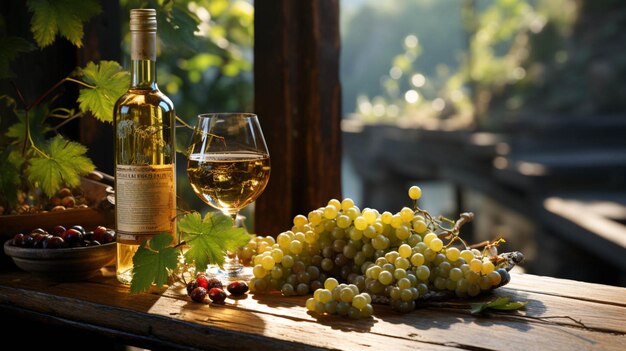 Un bicchiere di vino e un vaso d'uva sul tavolo