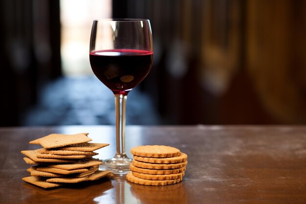 Glass of Wine and Wafers on Church Altar