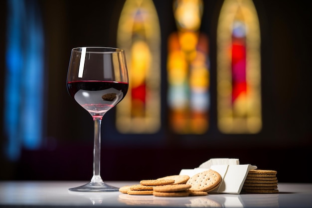 교회 제단 에 있는 와인 한 잔 과 웨이퍼
