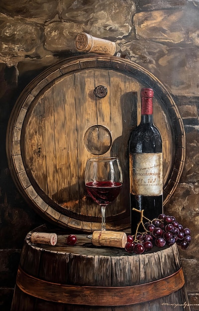 A glass of wine on a wine oak barrel in the wine cellar Tasting of red wine High resolution