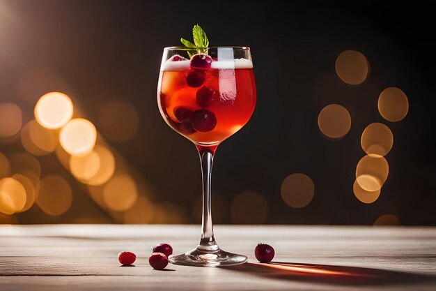 a glass of wine with berries and a straw.