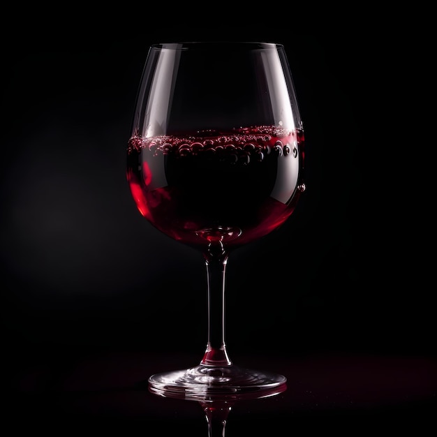 A glass of wine with a black background and a red liquid in it.