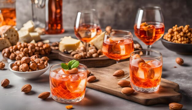 Photo a glass of wine with a bottle of olive oil and nuts on a table