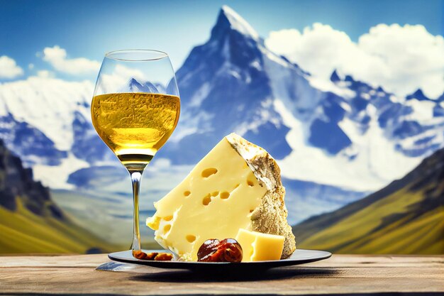 Glass of wine with cheese on the background of the Alps Generative AI Generative AI