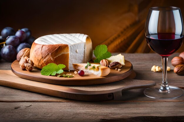 Foto un bicchiere di vino con formaggio e un piatto di formaggio e una bottiglia di vino.