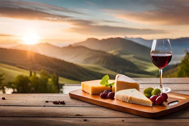 a glass of wine with grapes and cheese on a wooden table.