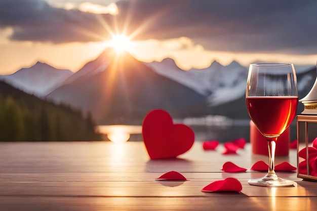 A glass of wine with a heart in the background with a red heart in the foreground.