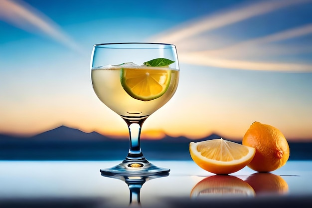 A glass of wine with a lemon and orange in the background