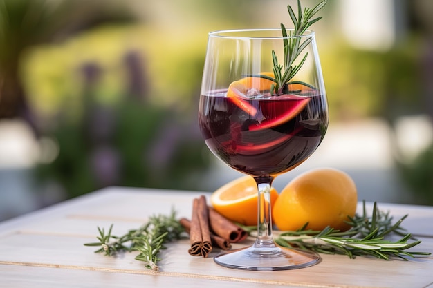 A glass of wine with oranges and cinnamon sticks on a wooden table.