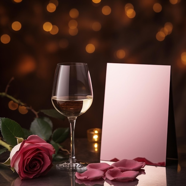 Glass of wine with rose and greeting card for romantic atmosphere