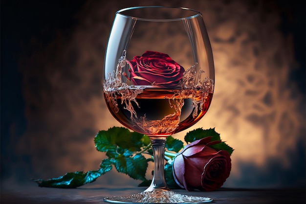 Glass of wine with rose for romantic atmosphere photorealistic ilustration Generative AI