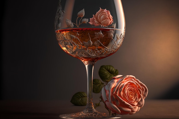 Bicchiere di vino con rose per un'atmosfera romantica illustrazione fotorealistica ia generativa