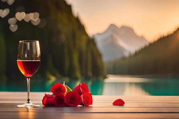 A glass of wine with roses and a mountain in the background.