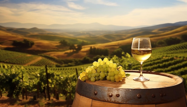 Photo a glass of wine on a wooden barrel in front of a vineyard