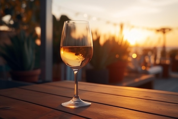 A glass of wine on a wooden table at a terrace