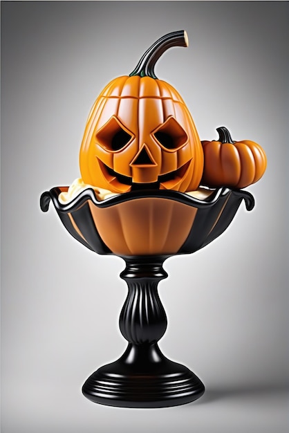 A glass with a 3d rendering of a halloweenstyle pumpkin