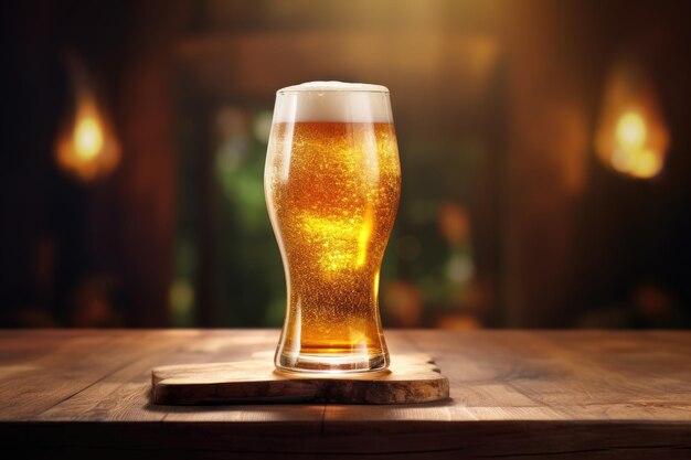 Glass with beer on a wooden table AI generated